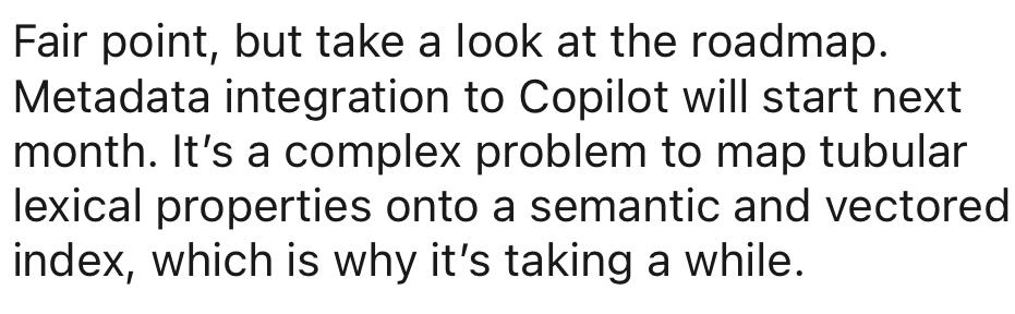 Fair point, but take a look at the roadmap. Metadata integration to Copilot will start next month. It's a complex problem to map tubular lexical properties onto a semantic and vectored index, which is why it's taking a while. 